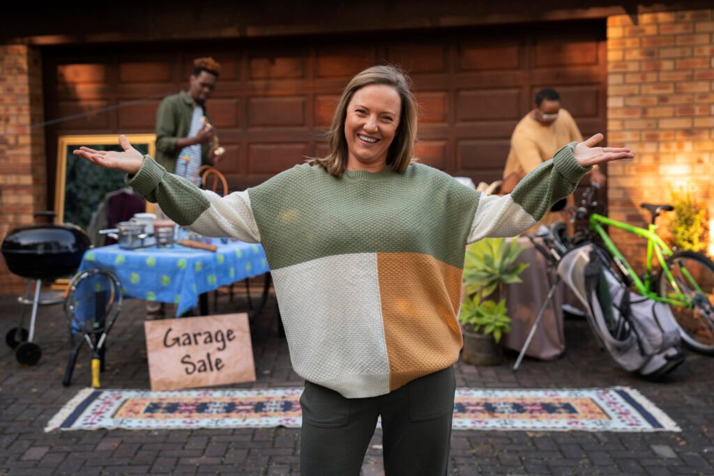 front view people garage sale