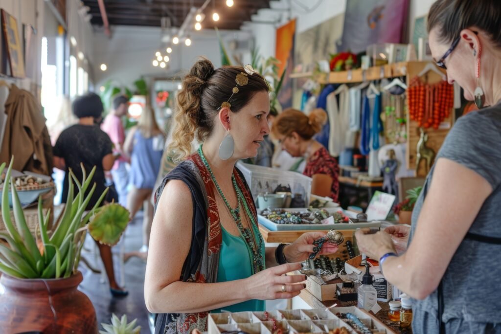 vibrant lgbtq craft fair with handmade jewelry, pottery, and creative atmosphere for arts enthusiasts